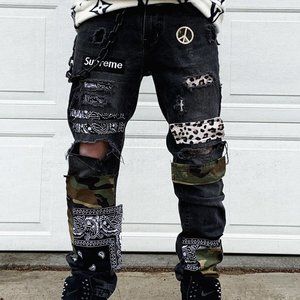 Black Denim Jeans Bandana Leopard Camo Patch work